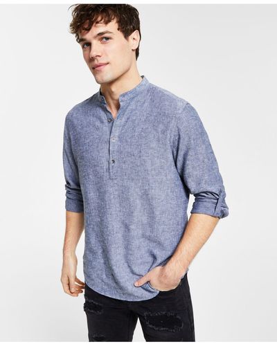 INC International Concepts Regular-fit Textured Band Collar Popover Shirt, Created For Macy's - Blue