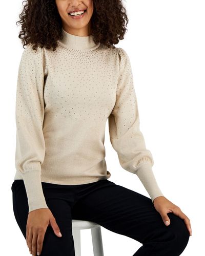 Tahari Shine Embellished Puffed-sleeve Sweater - Natural