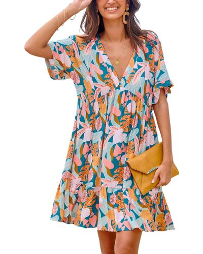 CUPSHE Soft Tropics Short Sleeve Mini Beach Dress - Blue