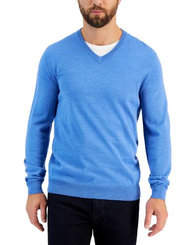Club Room Solid V-neck Merino Wool Blend Sweater - Blue