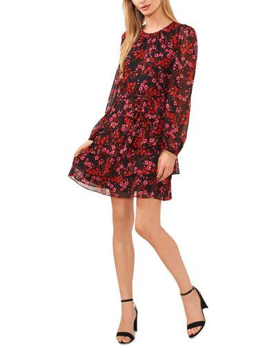 Msk Floral Chiffon Long-sleeve Belted Tiered Dress