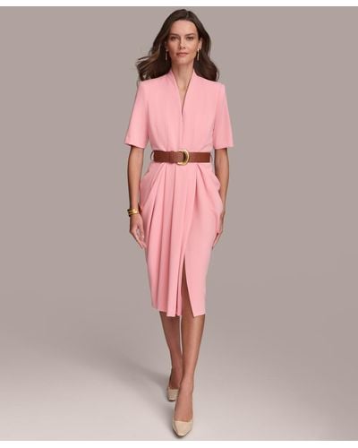 Donna Karan V-neck Belted Short-sleeve Dress - Pink