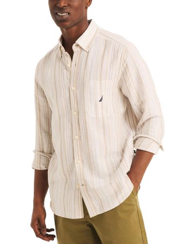 Nautica Classic-fit Striped Linen-blend Long Sleeve Shirt - Natural