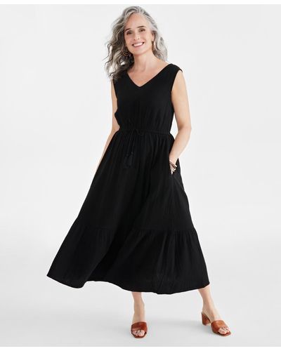 Style & Co. Cotton Gauze V-neck Midi Dress - Black