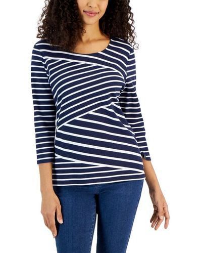 Karen Scott Callie Asymmetrical-stripe 3/4-sleeve Top - Blue