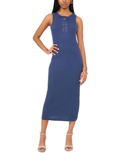 1.STATE Lace-up Cotton Bodycon Midi Dress - Blue
