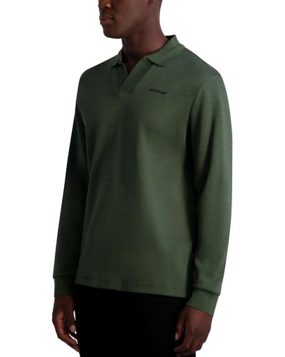 Karl Lagerfeld Signature Logo Long Sleeve Knit Johnny Collar Polo Shirt - Green