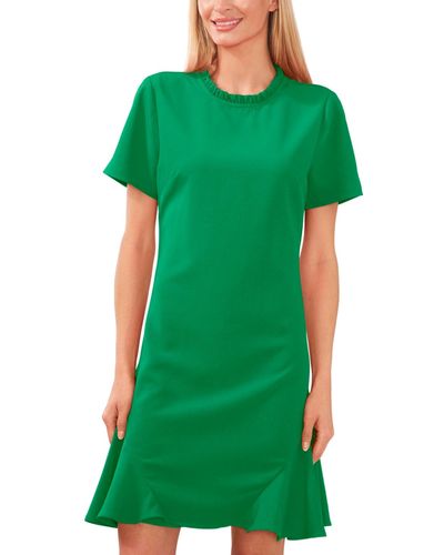 Cece Short Sleeve A-line Ruffled Neck Dress - Green