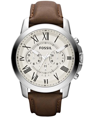Fossil Chronograph Grant Brown Leather Strap Watch 44mm - Metallic