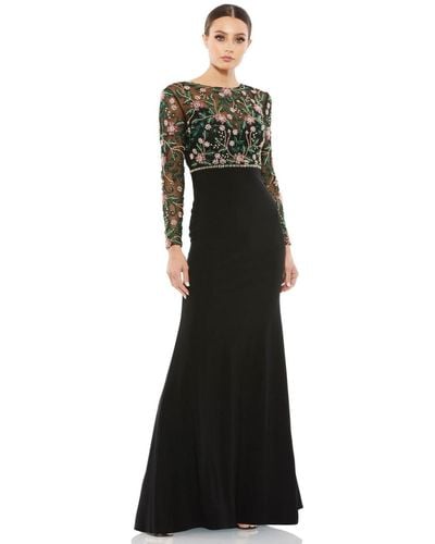 Mac Duggal Beaded Illusion High Neck Trumpet Gown - Black