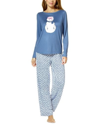 Hue Snowman Smiles Long-sleeve T-shirt And Pajama Pants Set - Blue
