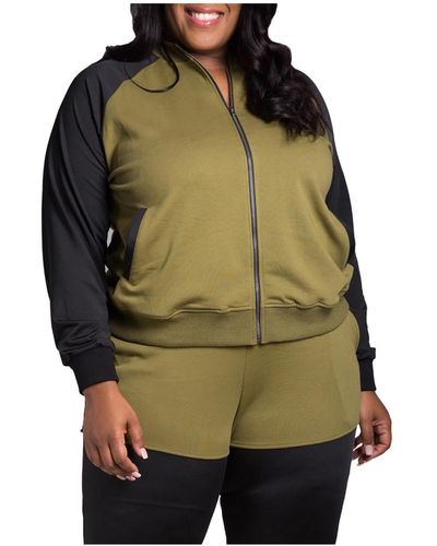 Poetic Justice Plus Size Curvy Fit Zip Up Contrast Blocked Sweatshirt Jacket - Green