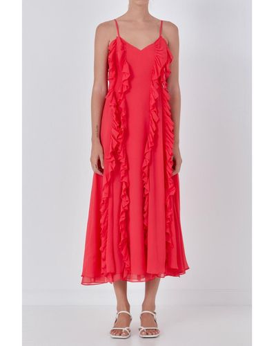 Endless Rose Chiffon Ruffled Spaghetti Maxi Dress - Red