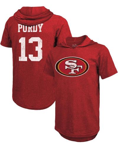 Majestic Threads Brock Purdy San Francisco 49ers Player Name And Number Tri-blend Short Sleeve Hoodie T-shirt - Red