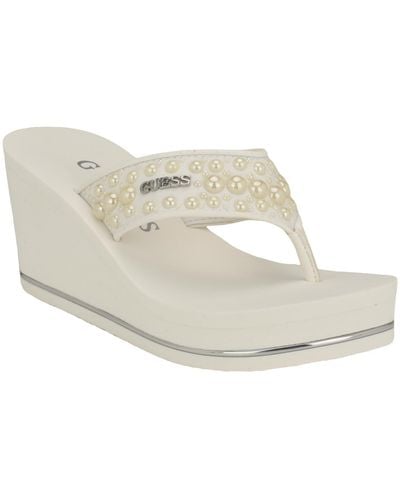 Guess Silus Imitation Pearl Detail Thong Wedge Sandals - White