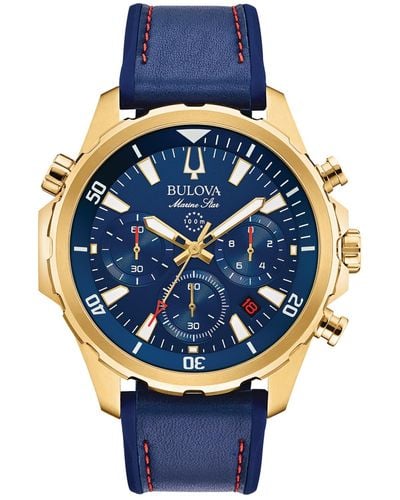 Bulova Chronograph Marine Star Blue Leather & Silicone Strap Watch 43mm