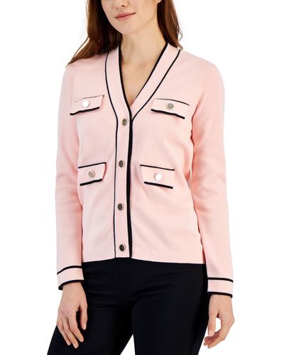 Anne Klein Contrast-trim Long-sleeve Cardigan - Pink