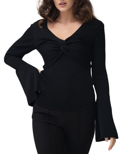 Adrienne Landau Twist-front Bell-sleeve Ribbed Knit Sweater - Black