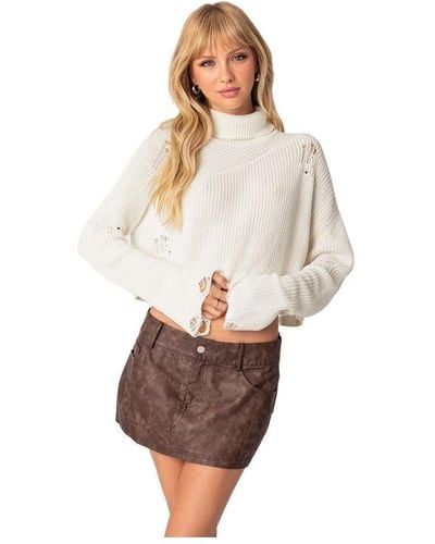 Edikted Distressed Turtle Neck Cropped Sweater - White