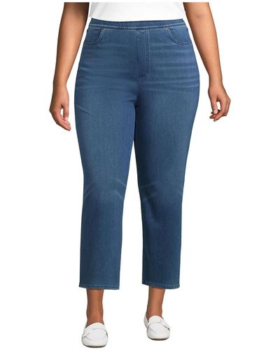 Lands' End Plus Size Starfish High Rise Pull On Knit Denim Straight Crop Jeans - Blue