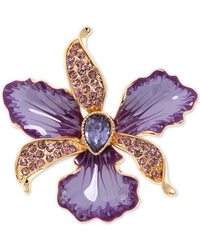 Anne Klein Gold-tone Colored Crystal Orchid Pin - Purple