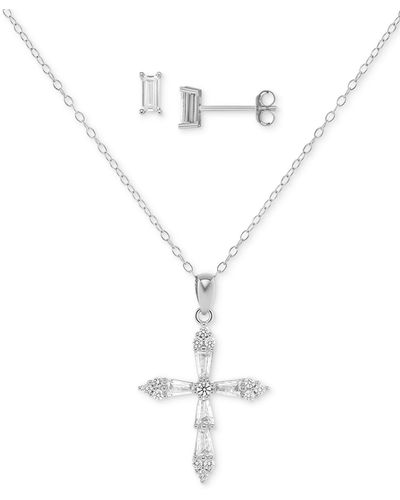 Giani Bernini 2-pc. Set Cubic Zirconia Cross Pendant Necklace & Baguette Stud Earrings - White