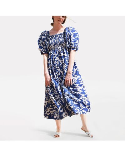 Jessie Zhao New York Animal World Smocked Cotton Silk Dress - Blue