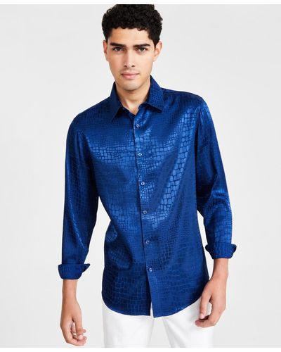 INC International Concepts Snake Skin Long Sleeve Button-front Satin Shirt - Blue
