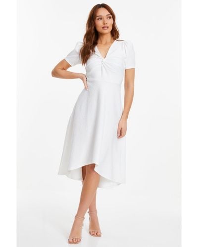 Quiz Jacquard Midi Dip Hem Dress With Knot Bust Detail - White