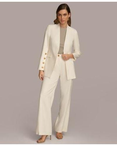 Donna Karan Linen Blend Button Sleeve Blazer Straight Leg Pants - Natural