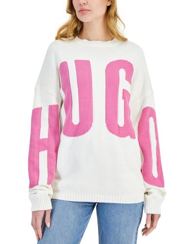 HUGO Oversized Crewneck Logo Knit Sweater - Red