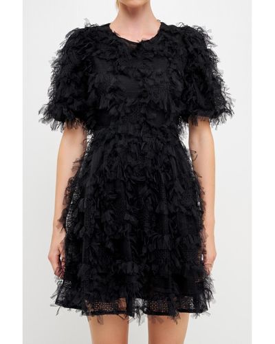 Endless Rose Gridded Mesh Feathered Puff Sleeve Mini Dress - Black