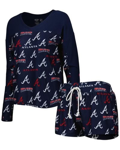 Concepts Sport Atlanta Braves Breakthrough Allover Print Long Sleeve V-neck T-shirt And Shorts Sleep Set - Blue