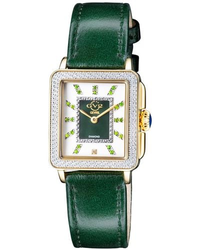 Gevril Padova Gemstone Swiss Quartz Diamond Accent Green Hand Made Italian Leather Strap Watch 27mm X 30mm