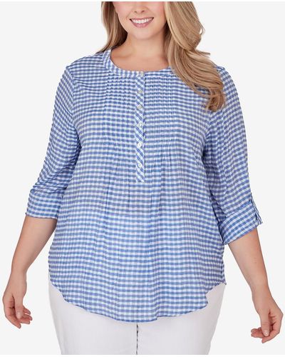 Ruby Rd. Plus Size Gingham Silky Gauze Top - Blue