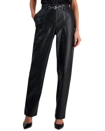 INC International Concepts High-rise Belted Faux-leather Pants - Black