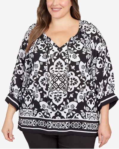 Ruby Rd. Plus Size Woven Printed Silk Top - Black