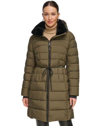 DKNY Rope Belted Faux-fur-trim Hooded Puffer Coat - Green