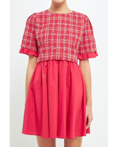 English Factory Mixed Media Tweed Poplin Mini Dress - Pink