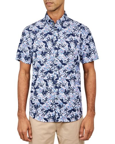 Society of Threads Regular Fit Non-iron Performance Stretch Leaf Print Button-down Shirt - Blue
