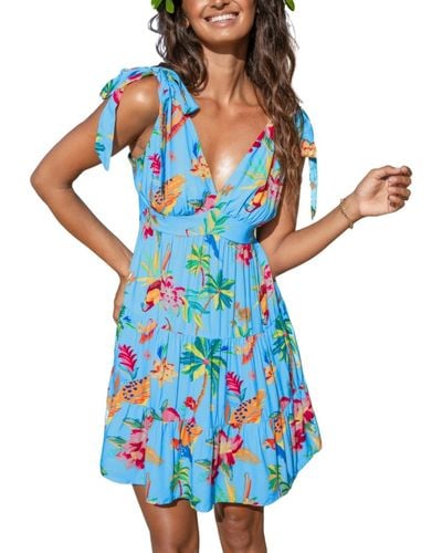 CUPSHE Parrot And Palm Bright Tropical Mini Beach Dress - Blue