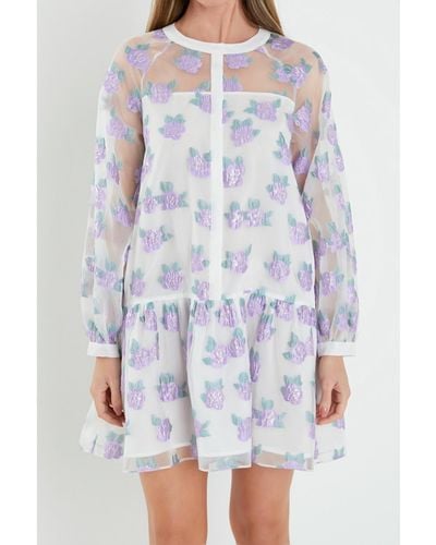 English Factory Floral Organza Buttoned Mini Dress - Blue