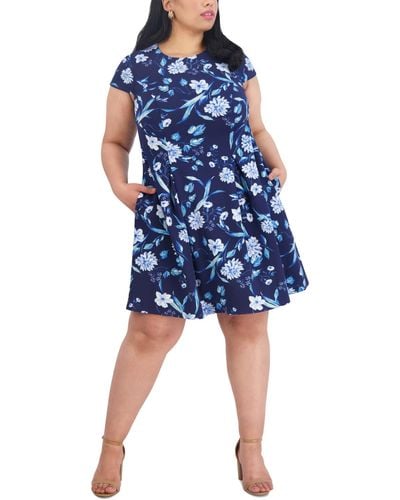 Jessica Howard Plus Size Floral-print Cap-sleeve Dress - Blue