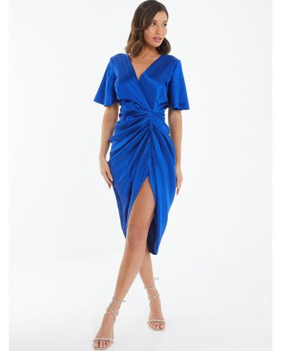Quiz Satin Ruched Wrap Midi Dress - Blue