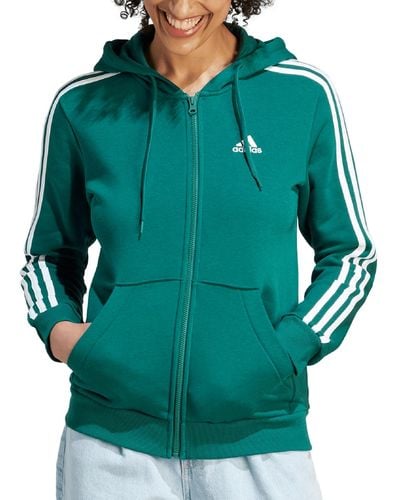 adidas 3-stripe Cotton Fleece Full-zip Hoodie Sweatshirt - Green