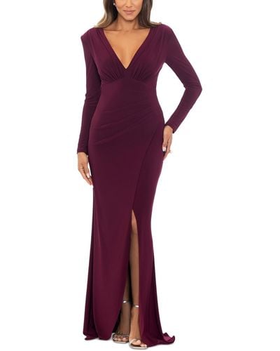 Xscape Long-sleeve V-neck Ruched Dress - Purple