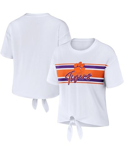 WEAR by Erin Andrews Clemson Tigers Striped Front Knot Cropped T-shirt - White