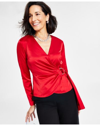 INC International Concepts Petite Surplice Wrap Blouse - Red