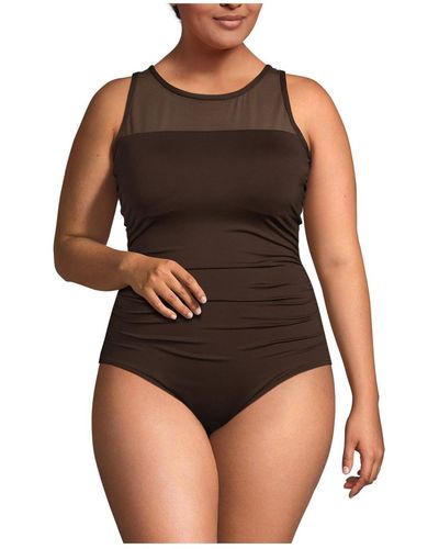 Lands' End Plus Size Chlorine Resistant Smoothing Control Mesh High Neck One Piece Swimsuit - Multicolor