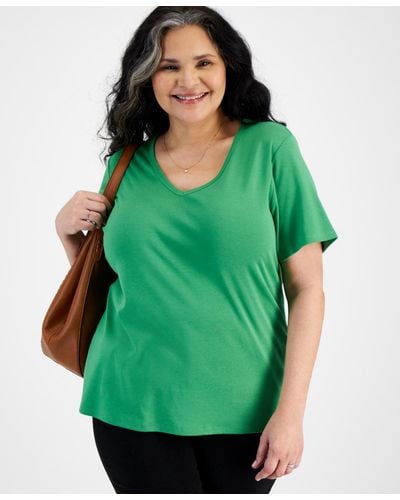 Style & Co. Plus Size Short-sleeve V-neck Top - Green
